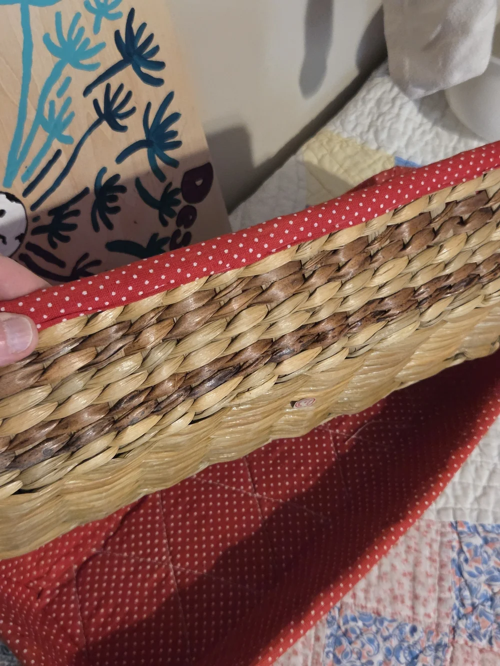 Set of vintage long narrow baskets with red polka dot fabric made in Philippines